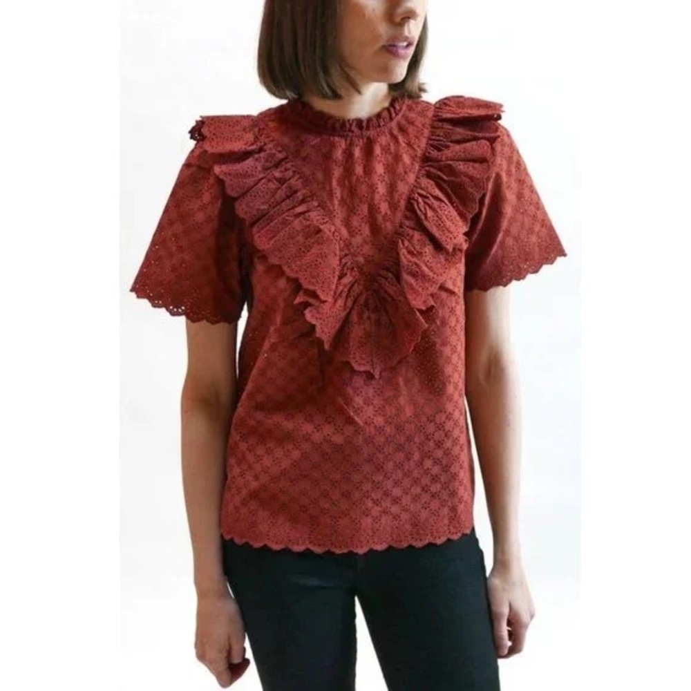 Ulla Johnson Choux Blouse Ruffle Top in Rust / Burnt Orange